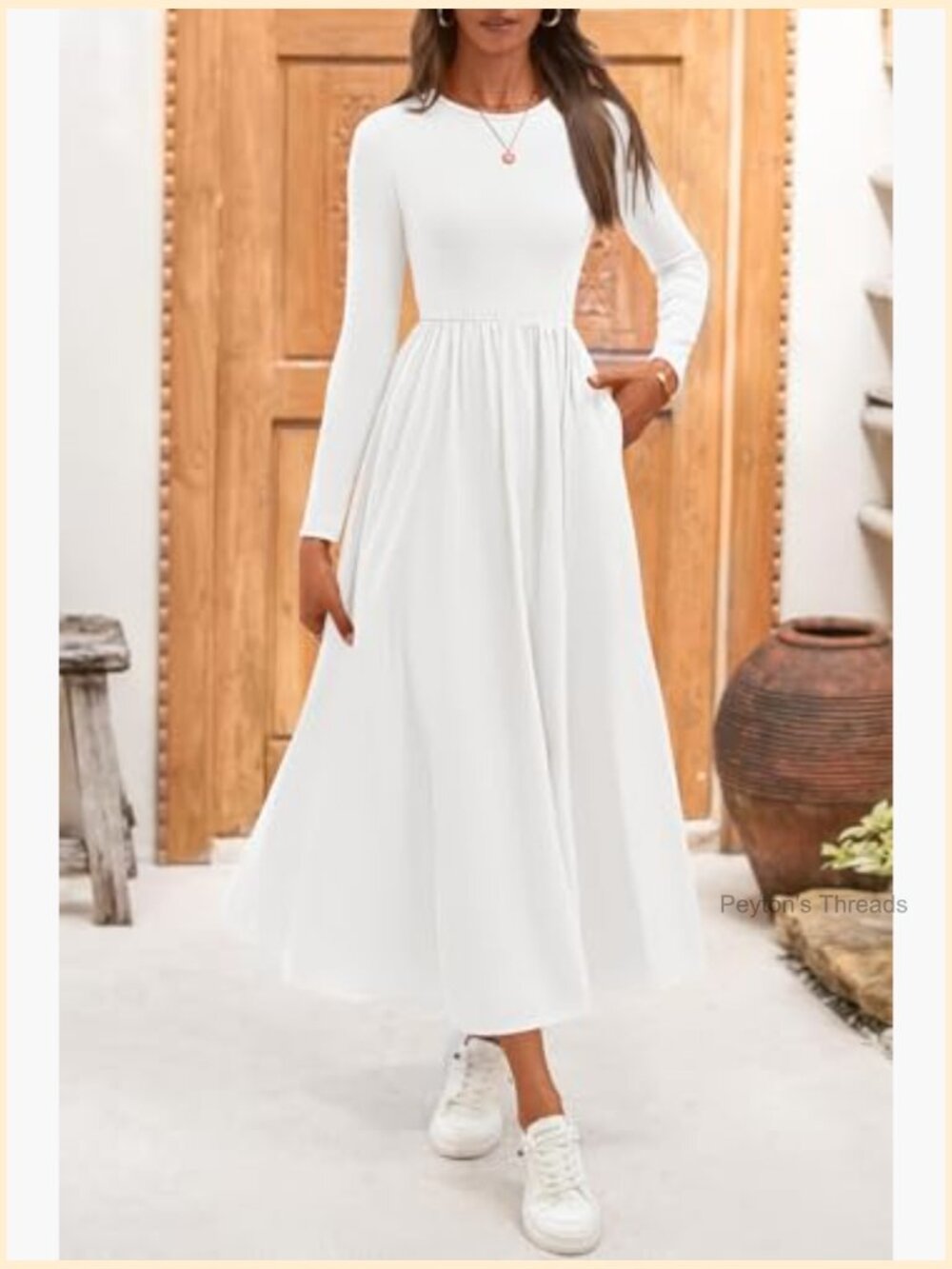 Casual Long Sleeve Midi Dress with Pockets Flowy A-Line - Picture 4 of 7